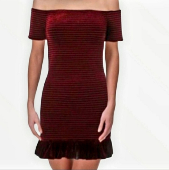 Aqua Smoked Off the Shoulder Velvet Dress - Picture 2 of 6